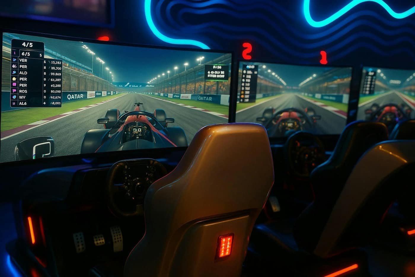 Cockpit sim racing face à plusieurs écrans de circuit