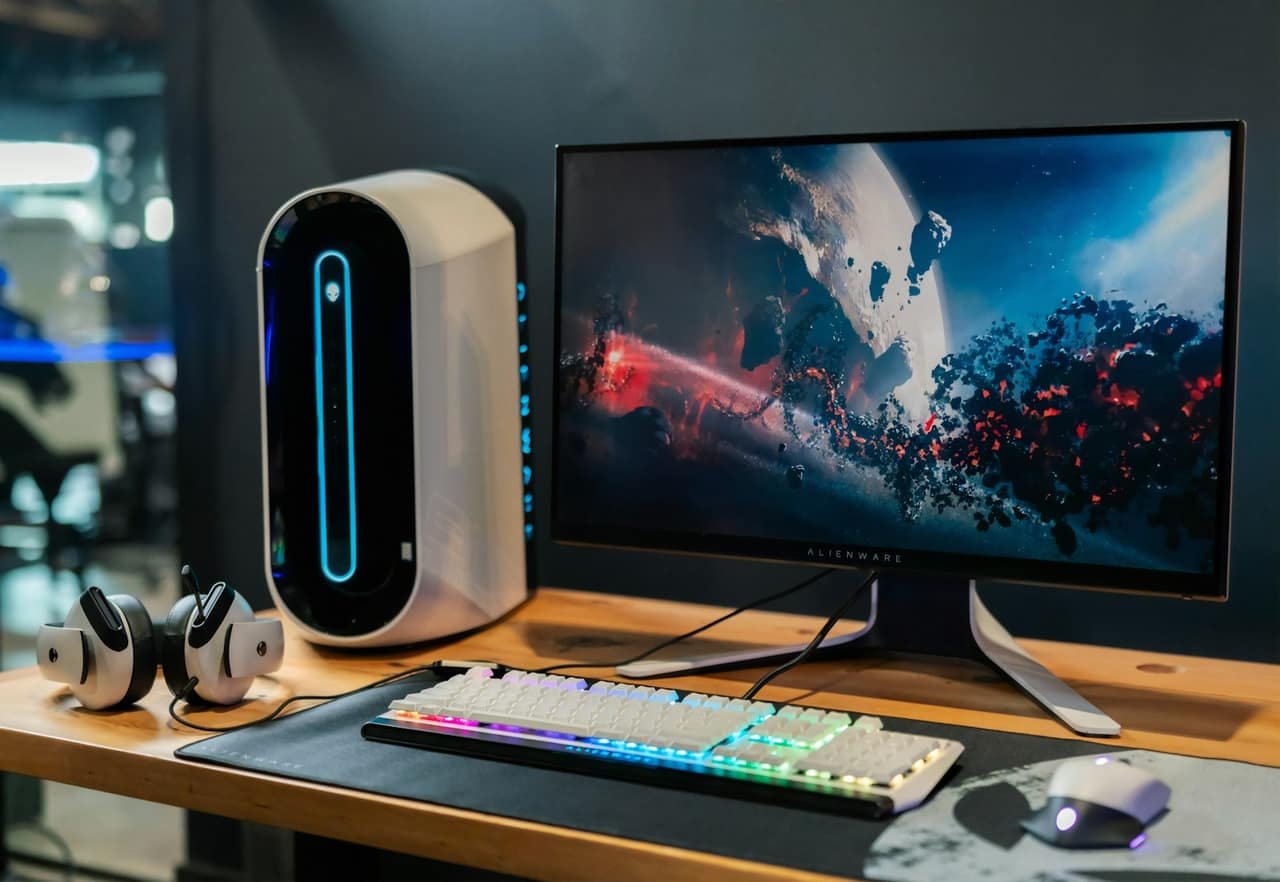 Bureau avec écran large et machine allumée